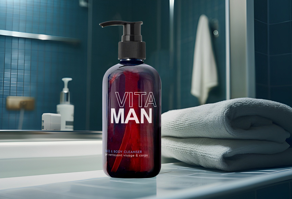 A close-up of a "VITA MAN" cleanser on a bathroom counter next to a neatly folded gray towel, set against a dark blue tiled bathroom wall, showcasing the product's bold presence