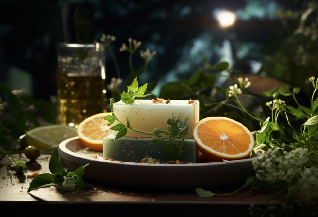 The image showcases handmade soap bars on a dish, surrounded by natural ingredients like fresh mint, orange slices, and olive oil, suggesting an artisanal and sensory bath experience. The warm, muted lighting and natural setting evoke a spa-like tranquility.