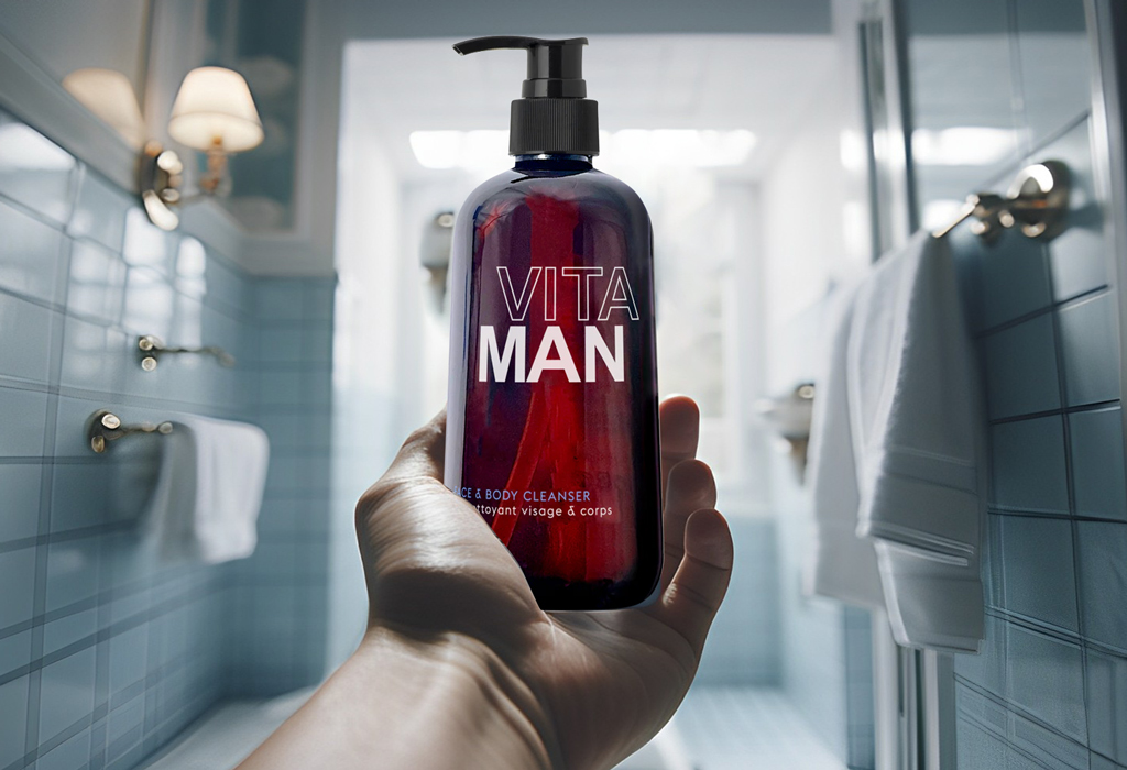 hand holding a transparent bottle of "VITA MAN" face and body cleanser with a dynamic red liquid inside, showcased against a clean, blue-tiled bathroom background with soft lighting, evoking a modern and masculine hygiene routine