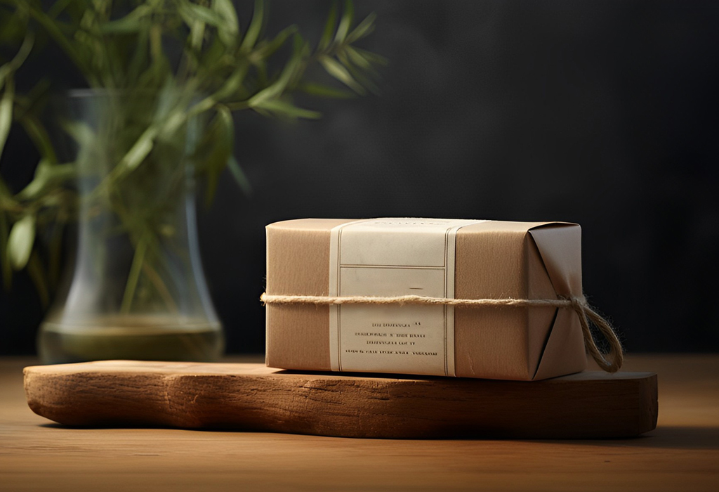 A neatly packaged bar of soap tied with a string on a wooden board, with a clear glass vase and greenery in the background, suggesting an eco-friendly product.
