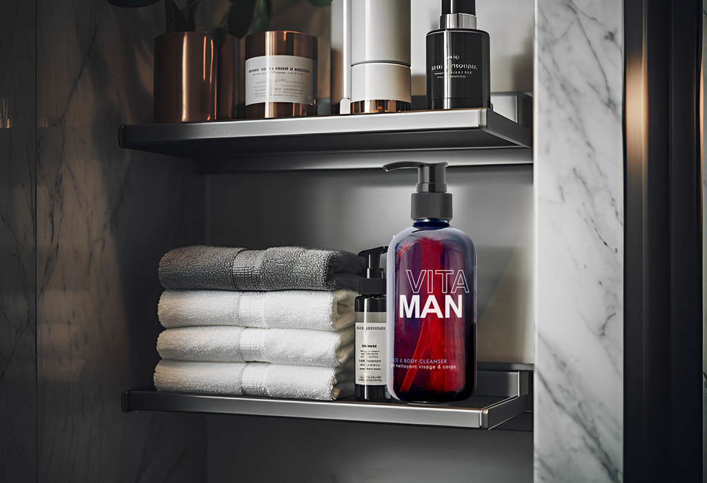 helf in a bathroom with a striking arrangement of grooming products, including a large bottle of "VITA MAN" face and body cleanser. The shelf also holds neatly stacked towels and other skincare containers, set against a backdrop of elegant marble, suggesting a luxurious self-care routine