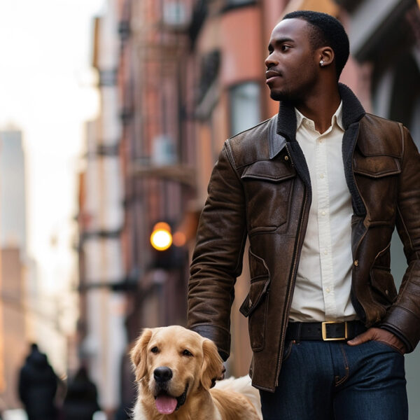 man wearing leather jacket walking a dog
