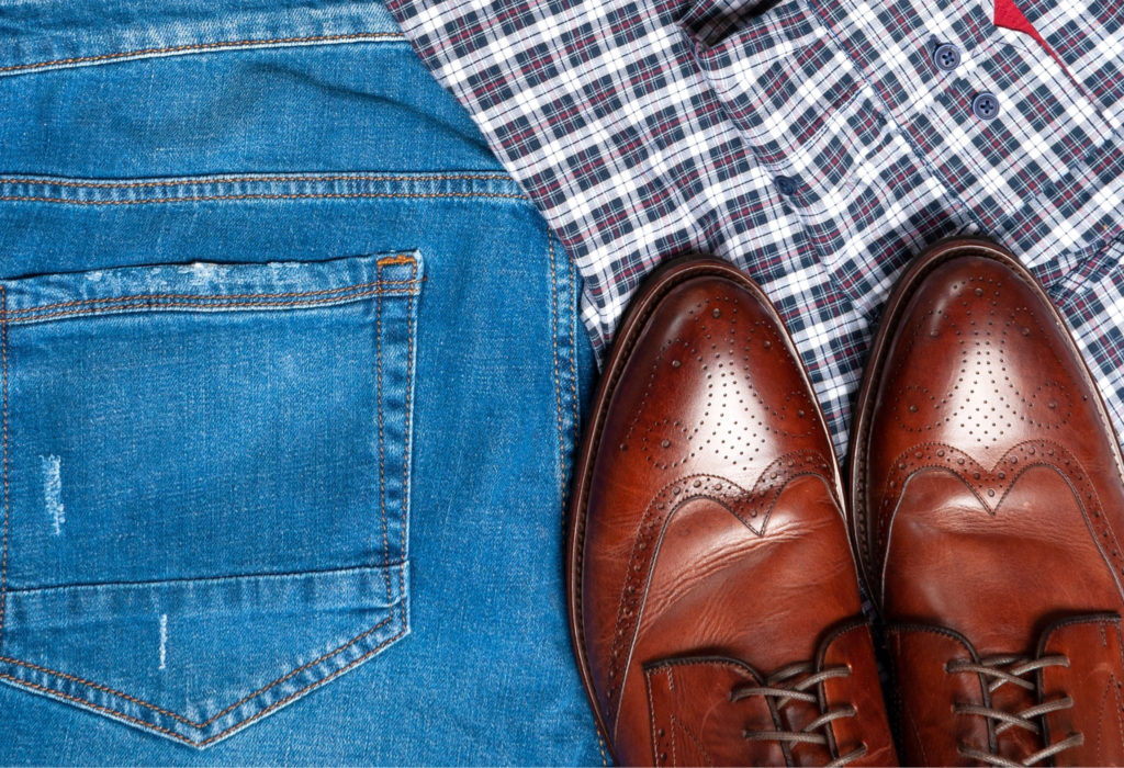 jeans and button up shirt paired with wingtip shoes
