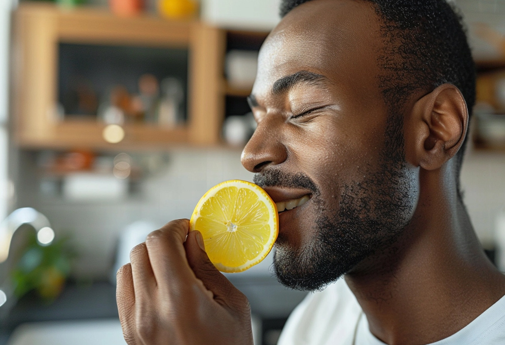 man enjoys the smell of a lemon