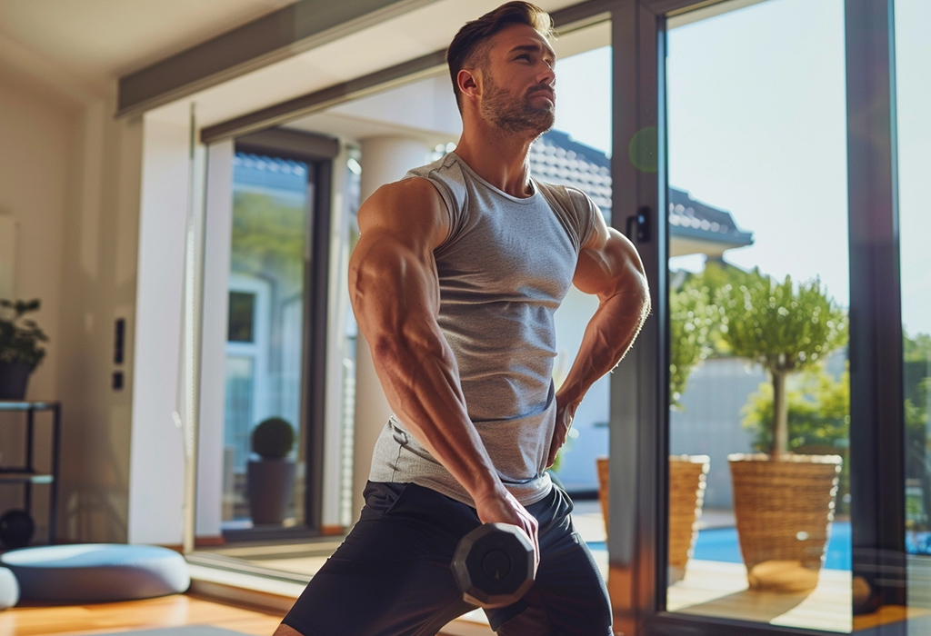 The image displays a man performing a bicep curl with a dumbbell, set in a sun-drenched home workout space, exemplifying focus and strength in a personal fitness routine.