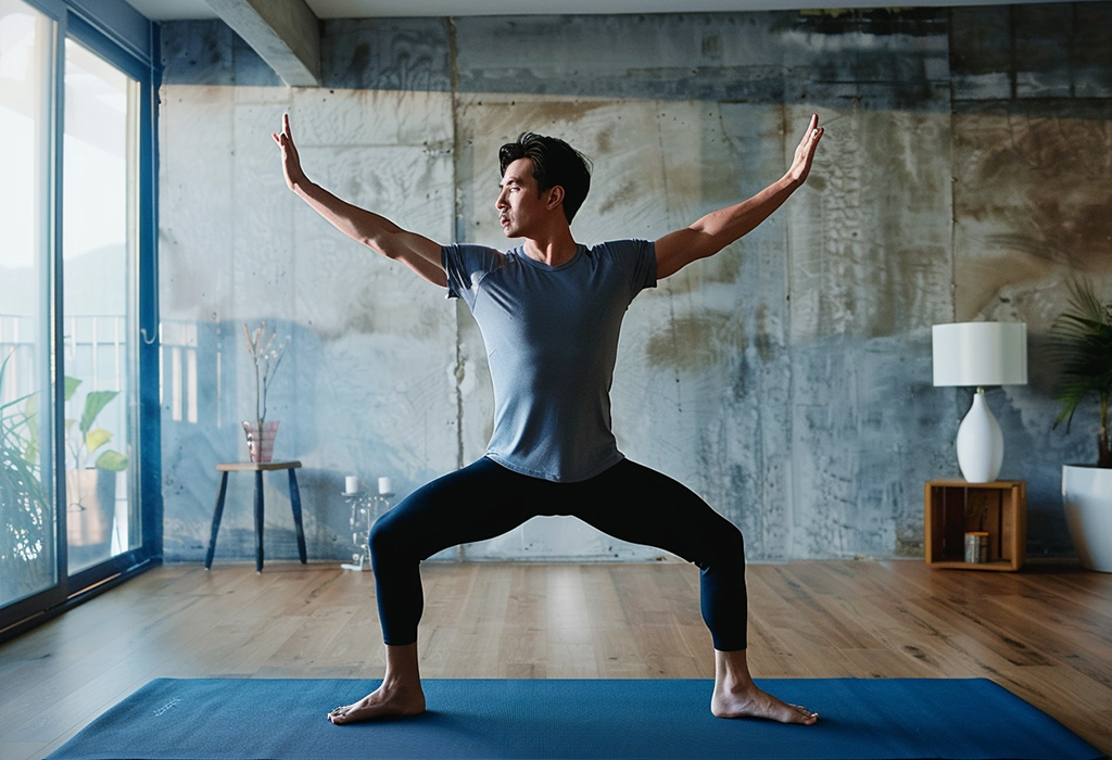 man in a wide-leg yoga stance, arms extended and raised, in a room with a floor-to-ceiling window, embodying strength and balance in a serene indoor setting