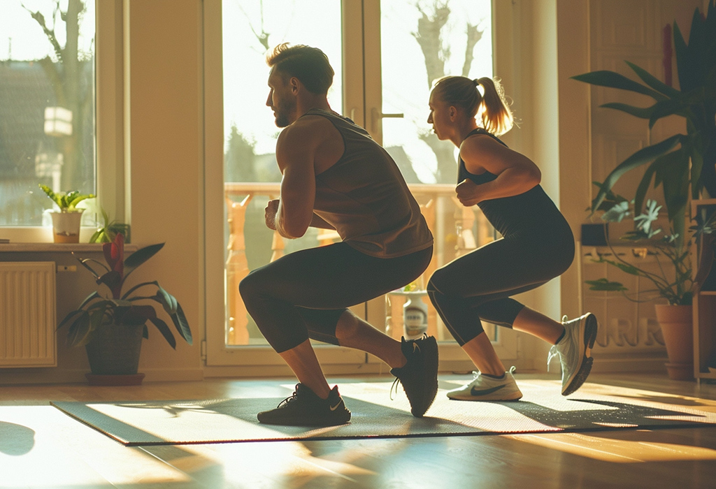  man and woman in a sunlit room practicing squats together, demonstrating a shared commitment to health and fitness