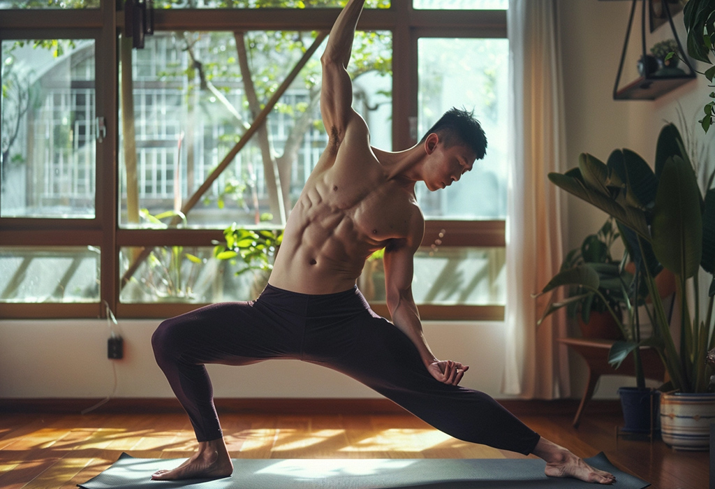 man deeply engaged in a yoga pose, demonstrating strength and flexibility in a peaceful home environment with natural light and greenery, illustrating a commitment to holistic fitness