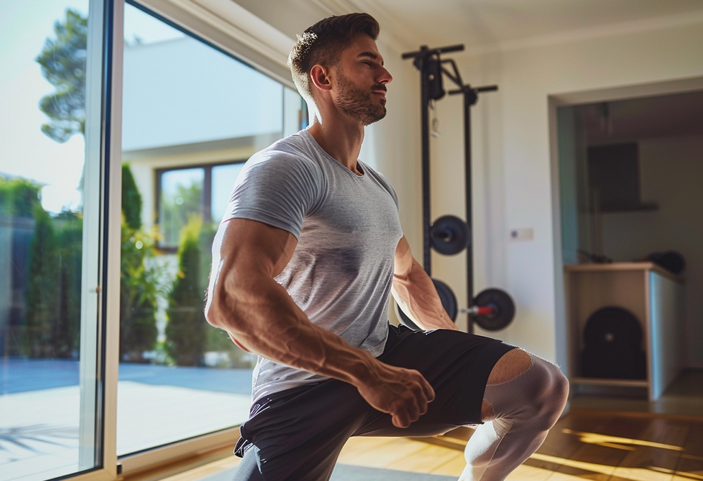 man in a lunge position, focusing intently on his home workout in a well-lit, spacious room with exercise equipment in the background, embodying a commitment to fitness and well-being