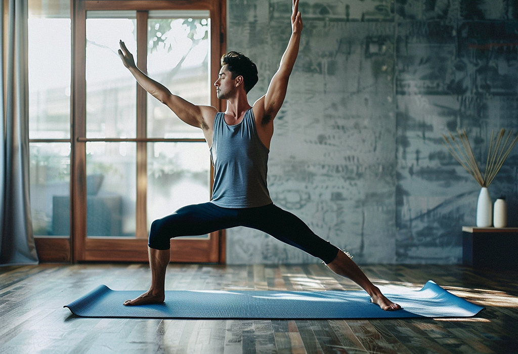 The image shows a man practicing yoga in a warrior pose, exuding calm and concentration in a serene, sunlit room, a representation of balance and inner peace in a home setting.