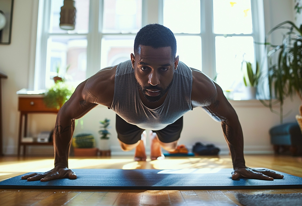 A focused man performs a push-up on a yoga mat in a sunlit room, showcasing the intensity and concentration of a home workout routine