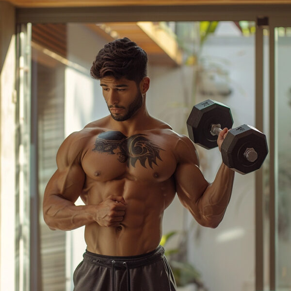 A sculpted man with an intense focus lifts a heavy dumbbell in a sunlit home gym, a symbol of dedication to strength training and physical fitness