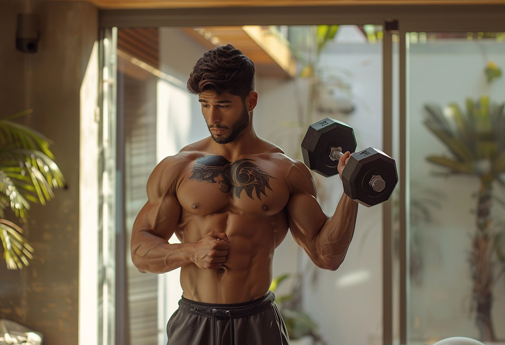 A sculpted man with an intense focus lifts a heavy dumbbell in a sunlit home gym, a symbol of dedication to strength training and physical fitness