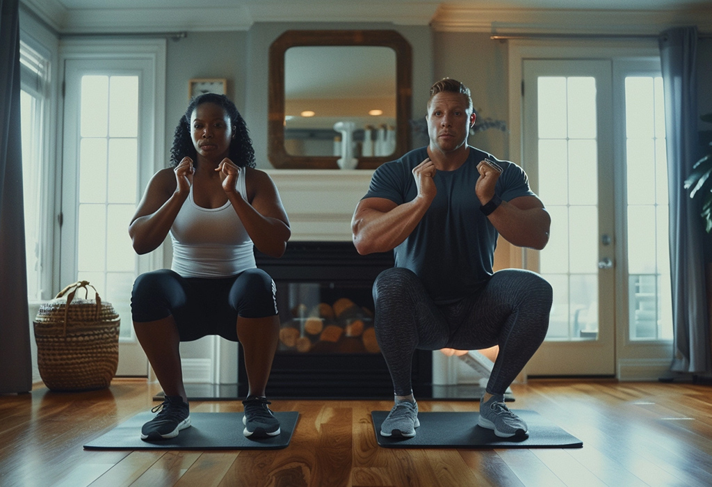 A pair performing synchronized squats in a home setting, emphasizing the importance of strength and partnership in a workout routine