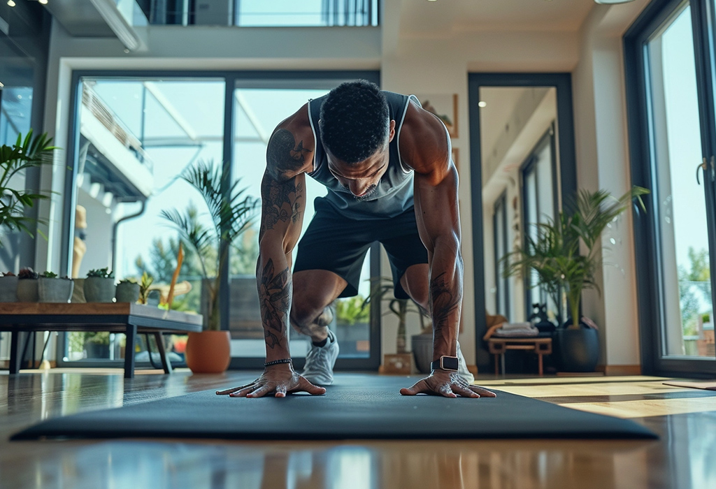 man in the midst of an intense push-up, showcasing his strength and focus during a home workout, with the natural light from the surrounding windows creating an inviting and motivational atmosphere