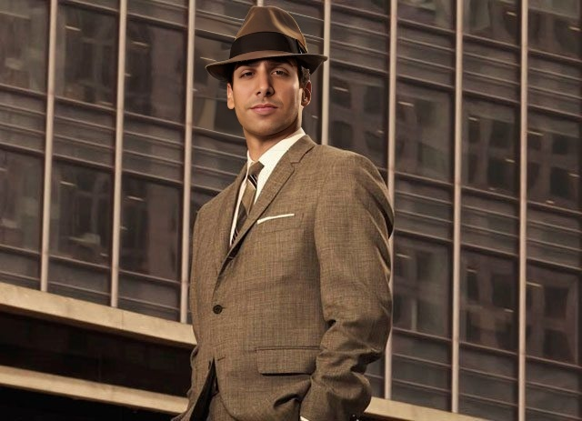 mens classic brown suit and stylish Don Draper hat