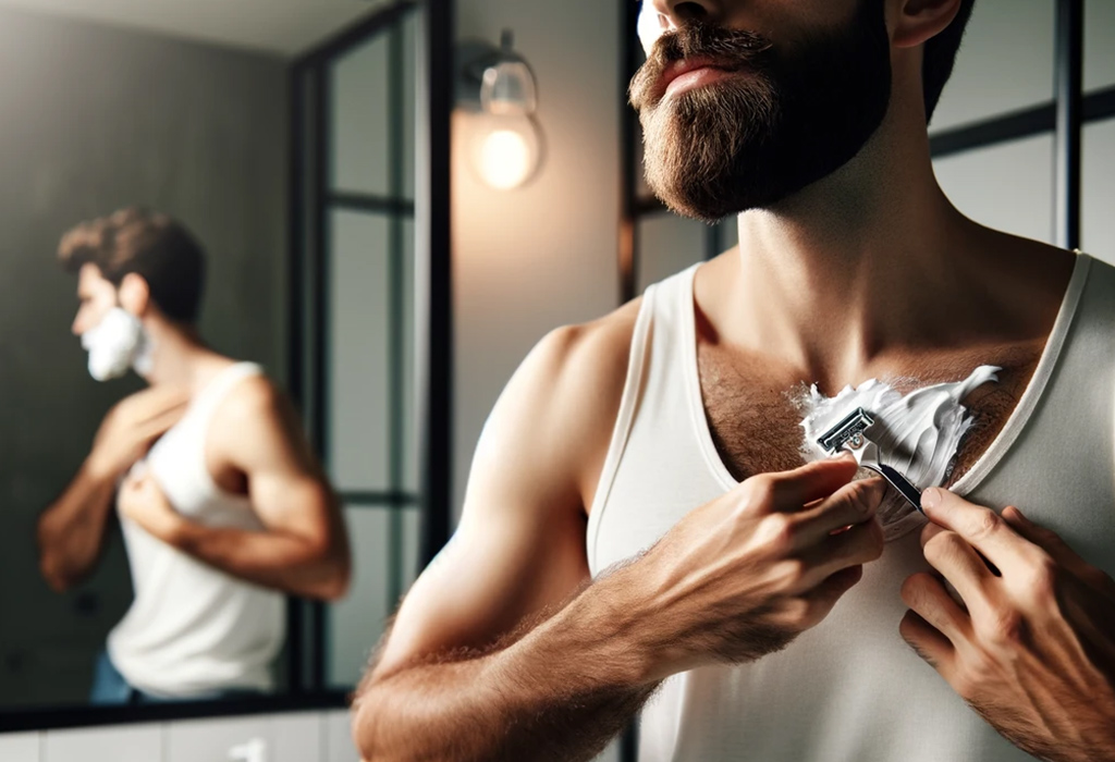 man shaving his chest 