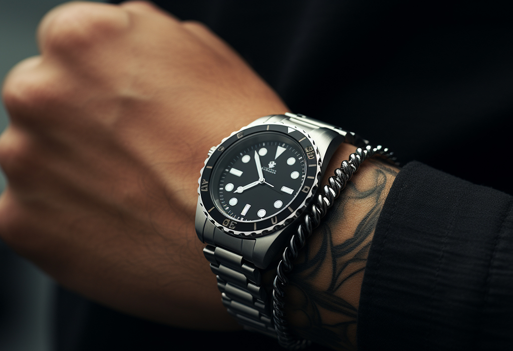 diver's watch with bracelet on man's hand