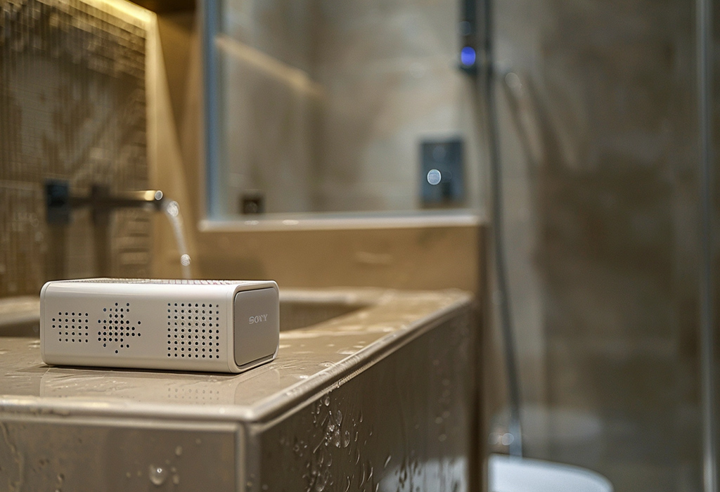 A water-resistant, white portable speaker sits on the edge of a wet bathroom countertop, symbolizing the incorporation of technology and entertainment into personal grooming routines