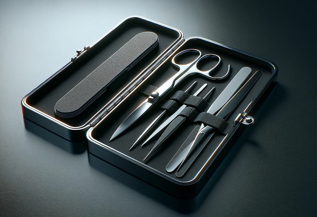 A manicure and pedicure set neatly arranged in a metallic case, with instruments for nail care highlighted by the sharp contrast and elegant presentation