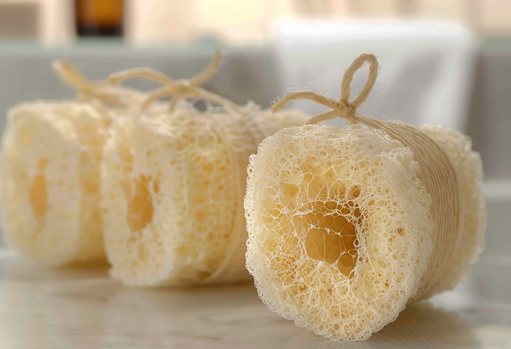 A close-up of natural loofahs tied with twine, emphasizing their texture and natural material, suggestive of a spa-like exfoliation experience