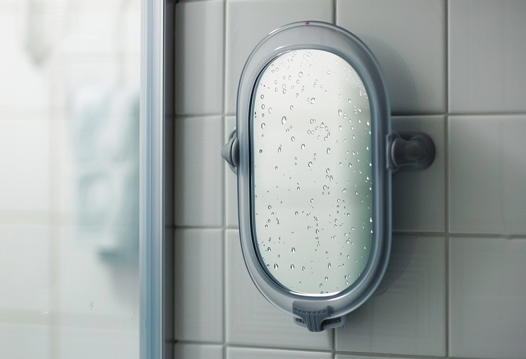 A clear shower mirror mounted on a tiled wall, covered in water droplets, capturing a common tool used for shaving within the steamy environment of a shower