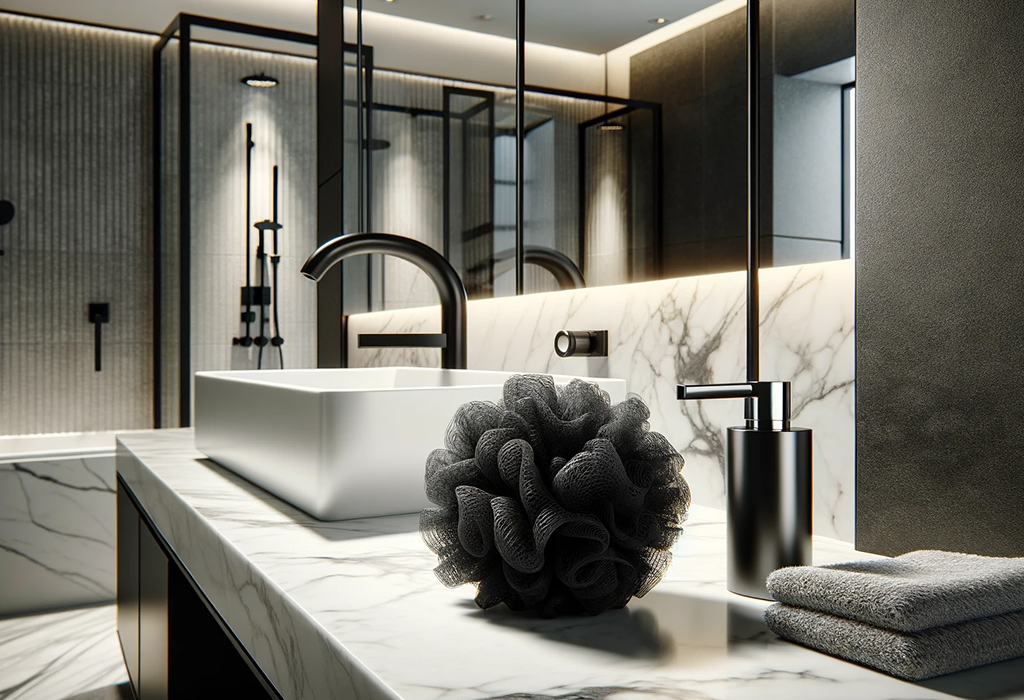 A luxurious bathroom setting with a black loofah positioned prominently on a marble countertop, next to a modern soap dispenser and folded gray towels, with a reflective shower area in the background