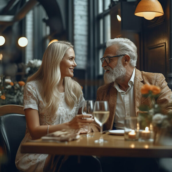 older man and younger woman having a date at restaurant