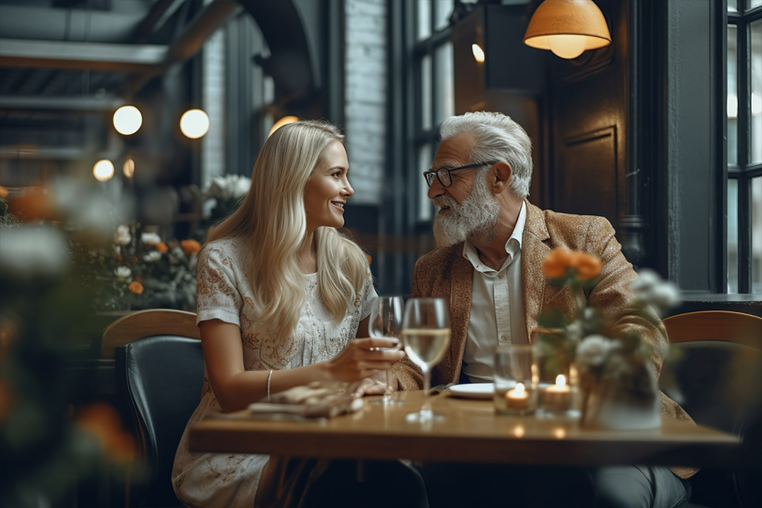 older man and younger woman having a date at restaurant