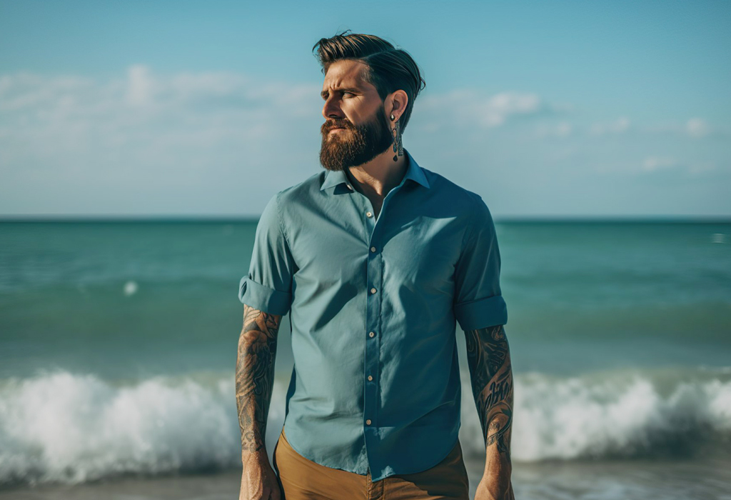 tattooed guy on a seashore with high roller shirt sleeves