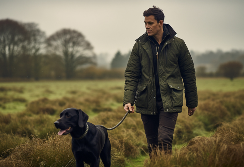man in waxed jacket walking with black dog through the fields