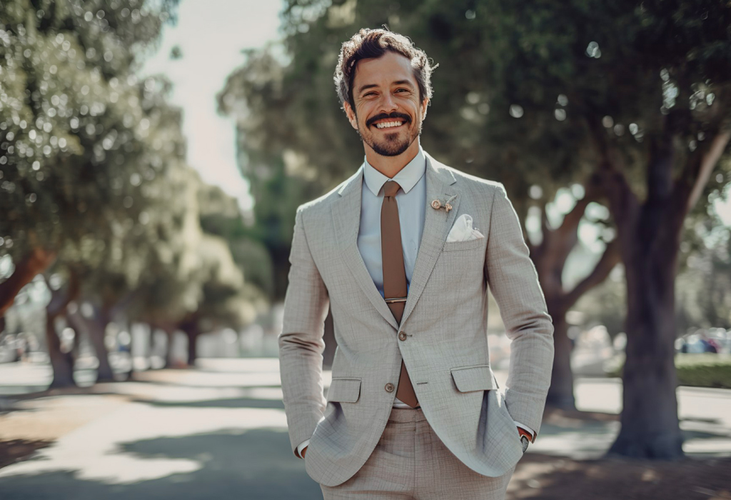 smiling attractive man walking the street in light grey suit