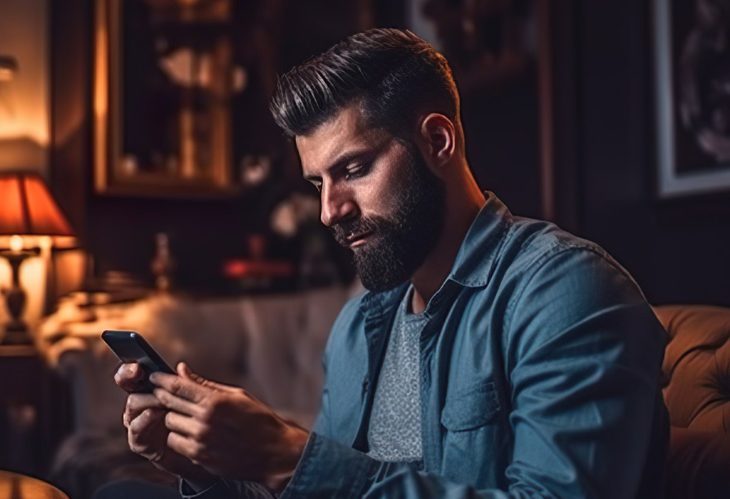 man writing texts on his mobile 