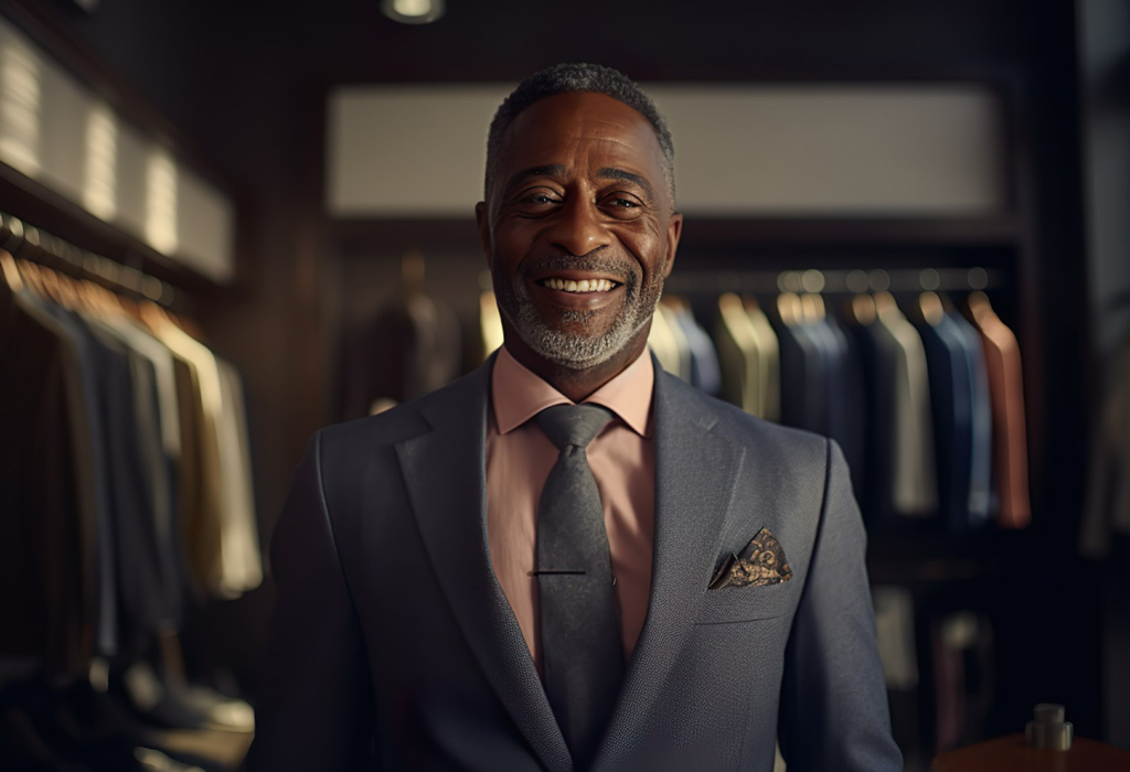 60 year old black man dressed in a perfect fitted suit with pocket square