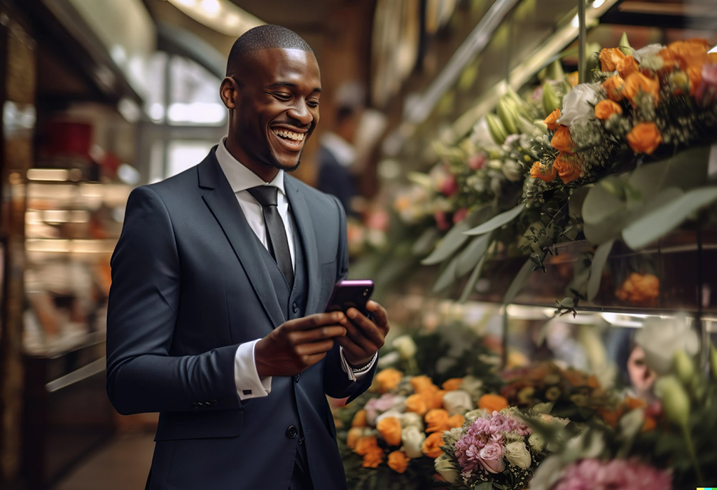 man buying flowers and checking his phone 