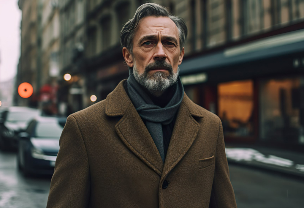 man over 60 wearing overcoat and scarf