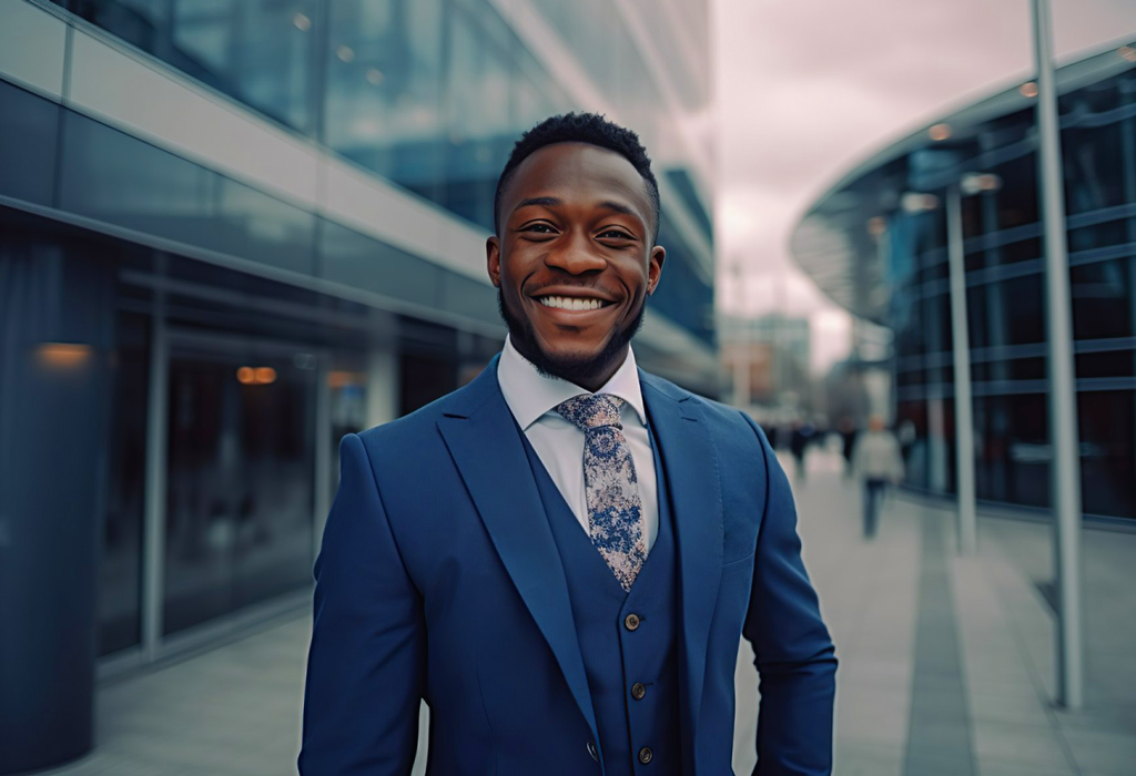 black man smiling and wearing true blue suit