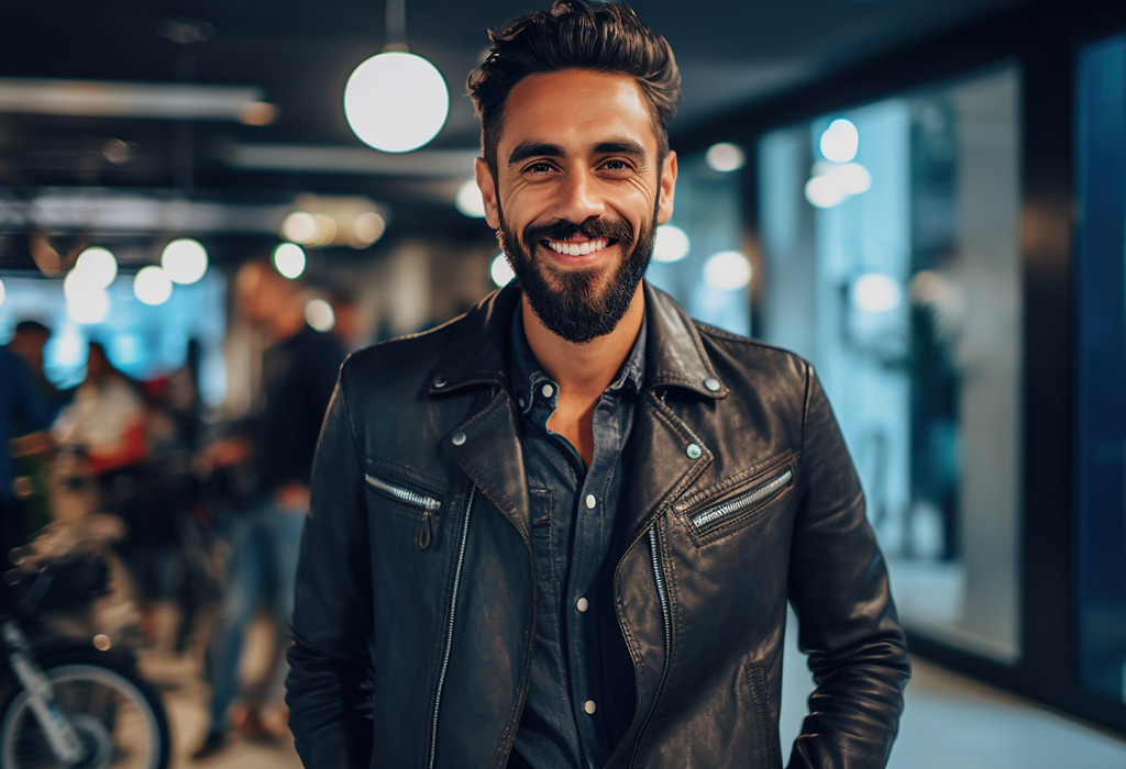 man with beard wearing leather jacket and denim shirt