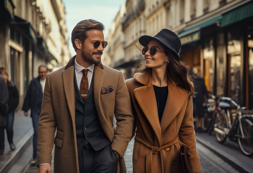 nicely dressed man and woman walking down the street
