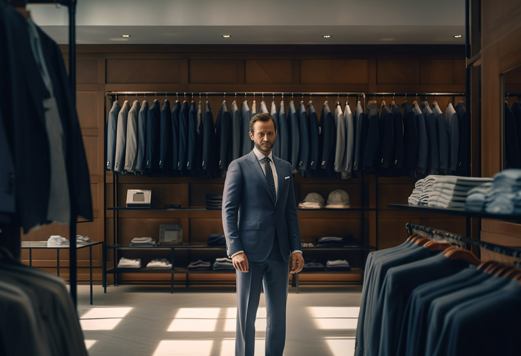 man chooses from a variety of different suits in a store