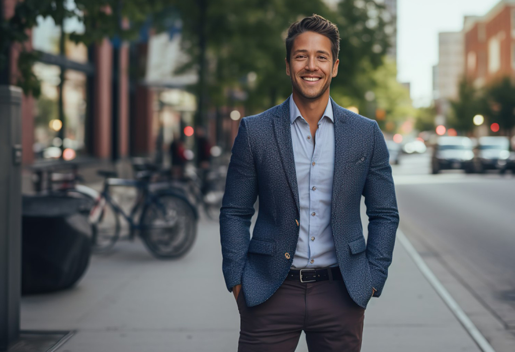 smiling man in his 30s standing outside wearing nice sports jacket