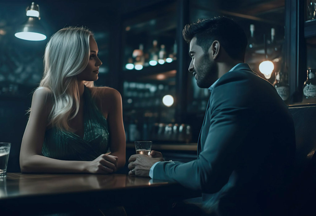 young man and woman looking at each other in a bar
