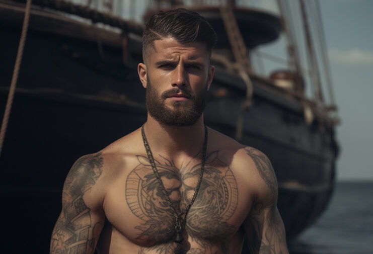sexy man with chest tattoo on a pirate ship background