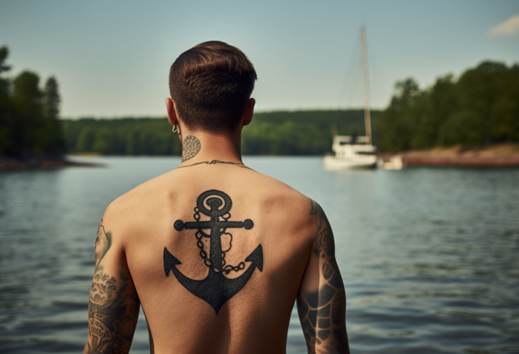 Nautical anchor tattoo on man's back