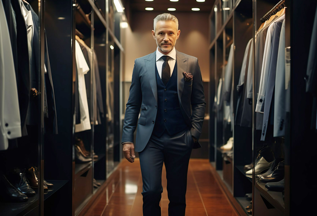 man of age 50s in luxury men's clothes store dressed three piece suit