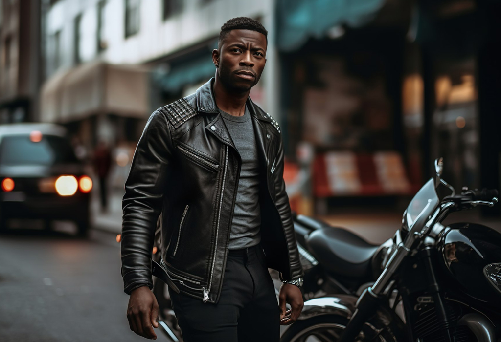 black man with bike wearing leather jacket