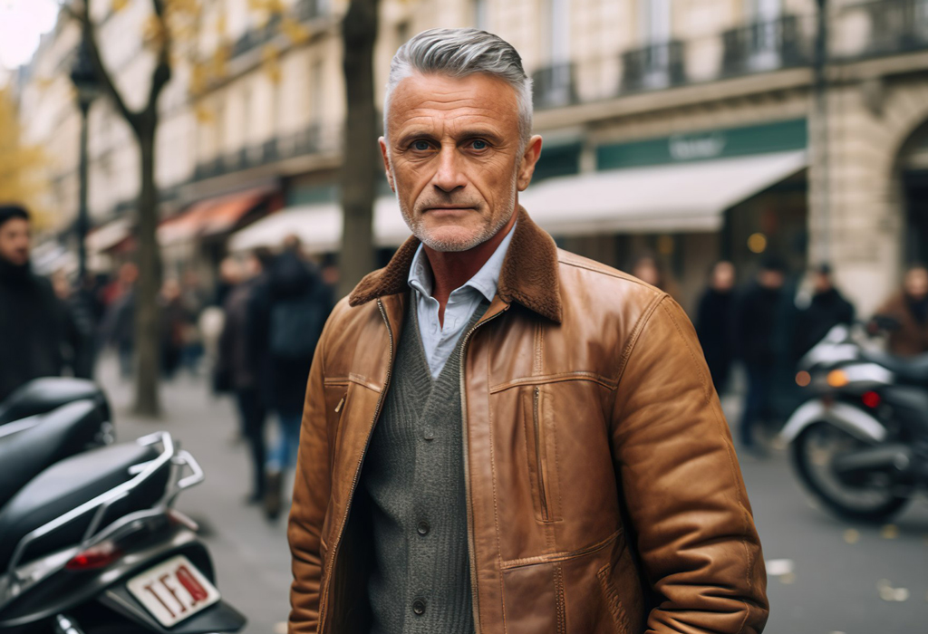 man in his 50s wearing leather jacket with wool cardigan