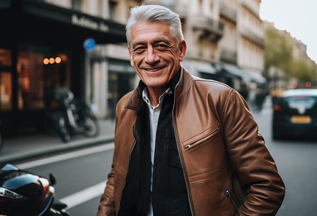man in his 60s wearing brown leather jacket