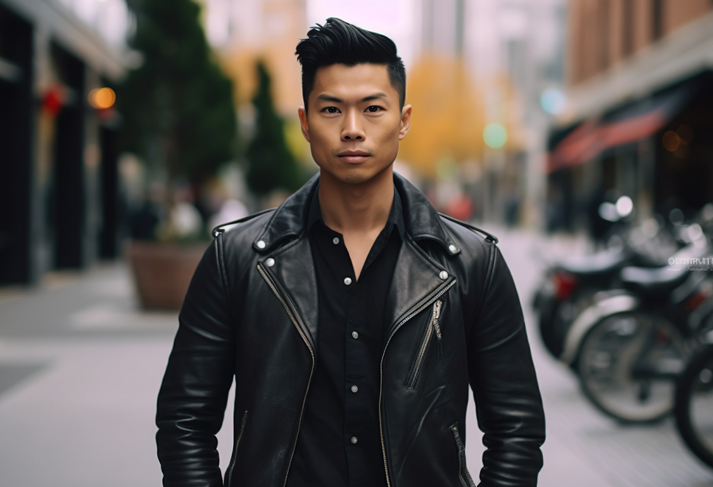 Asian man wearing well fitted leather jacket