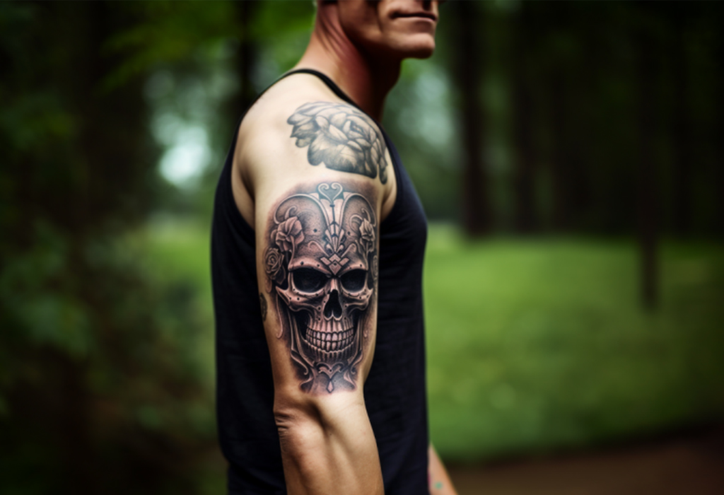big skull tattoo on man's arm